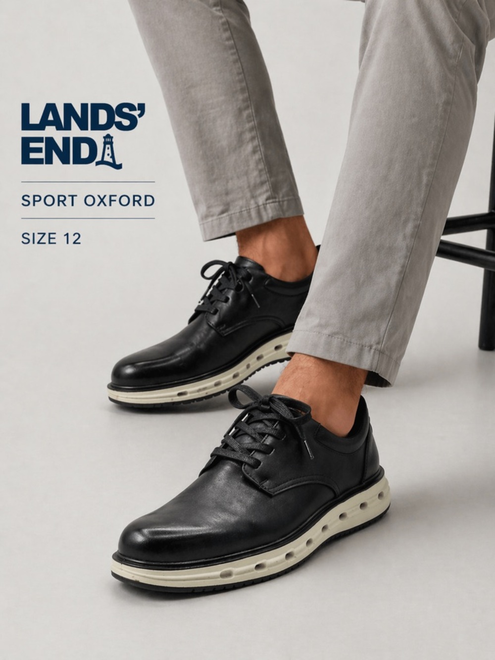 Lands' End Black Leather Sport Oxford with Contrast White Midsole